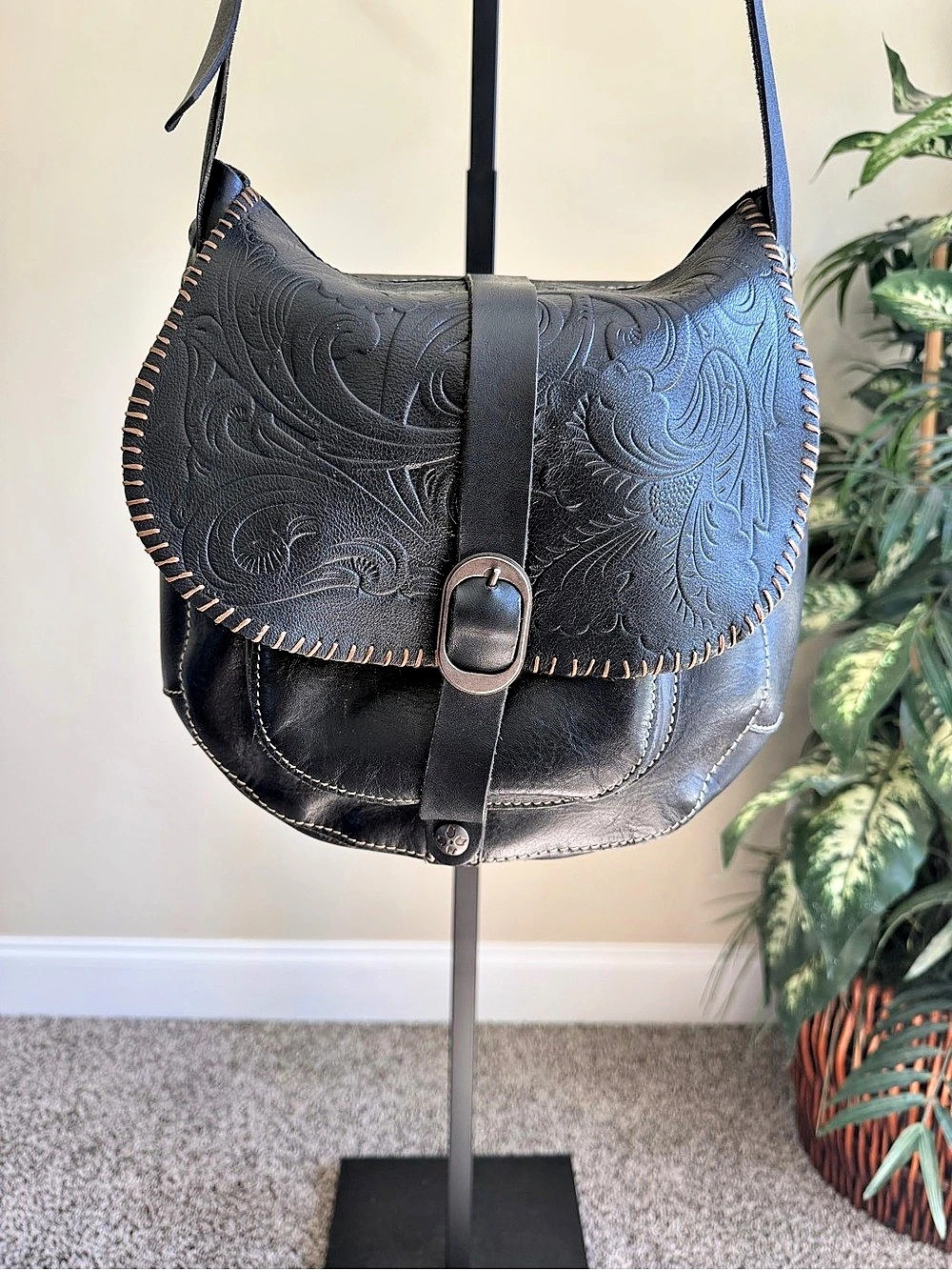 Patricia Nash Black Embossed Leather Tooled Crossbody Bag
